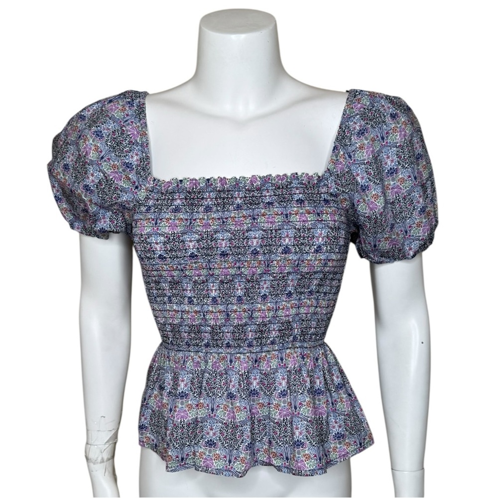 J Crew x Liberty of London Smocked Peplum Top S Puff Sleeve Nouveau Floral Print